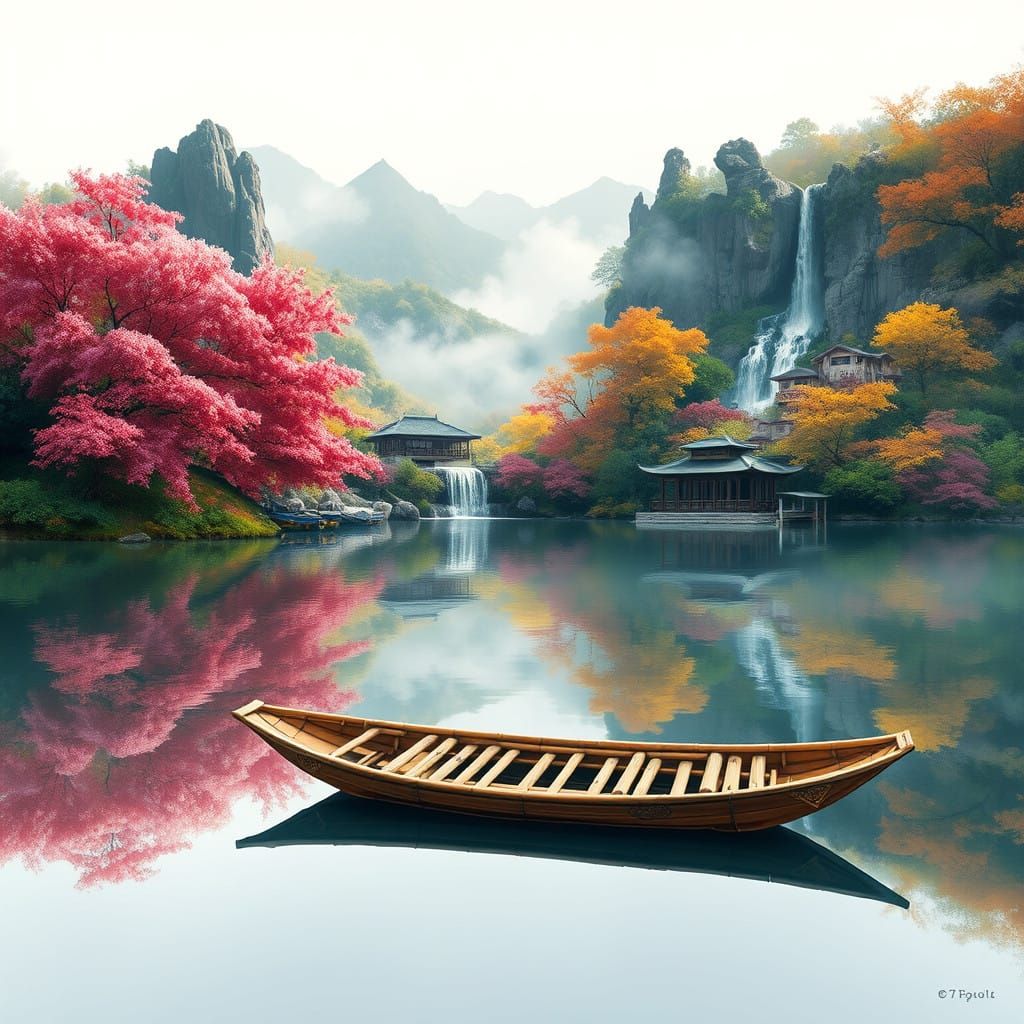 Peaceful Bamboo Raft in Vibrant Nature Scene
