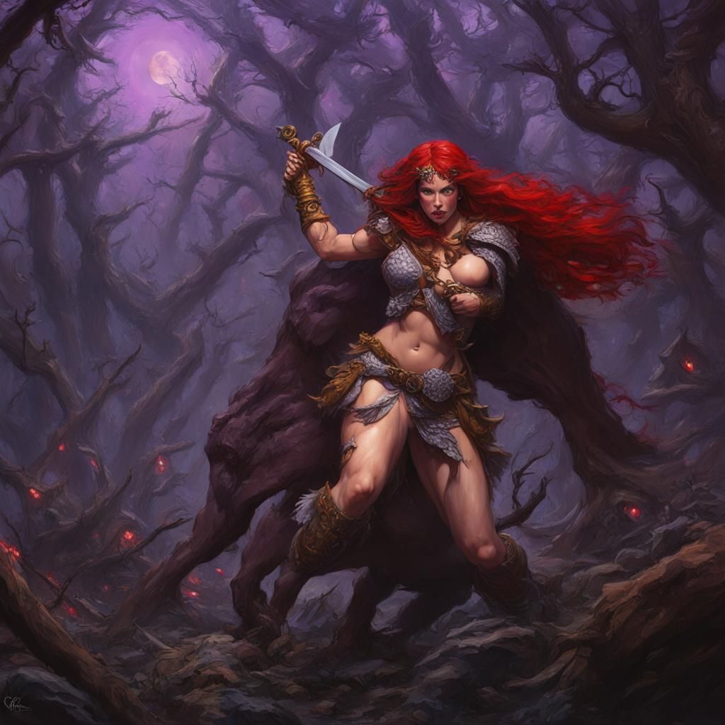 Red Sonja's Woodlands Battle: A Dark Fantasy Masterpiece