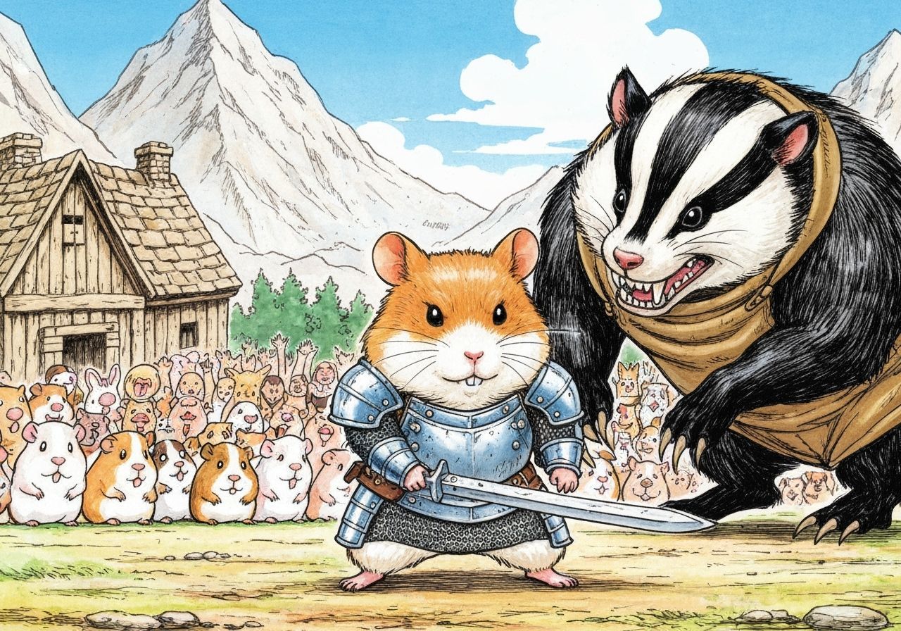 Brave Hamster Knight Defends Village, Cartoon Style