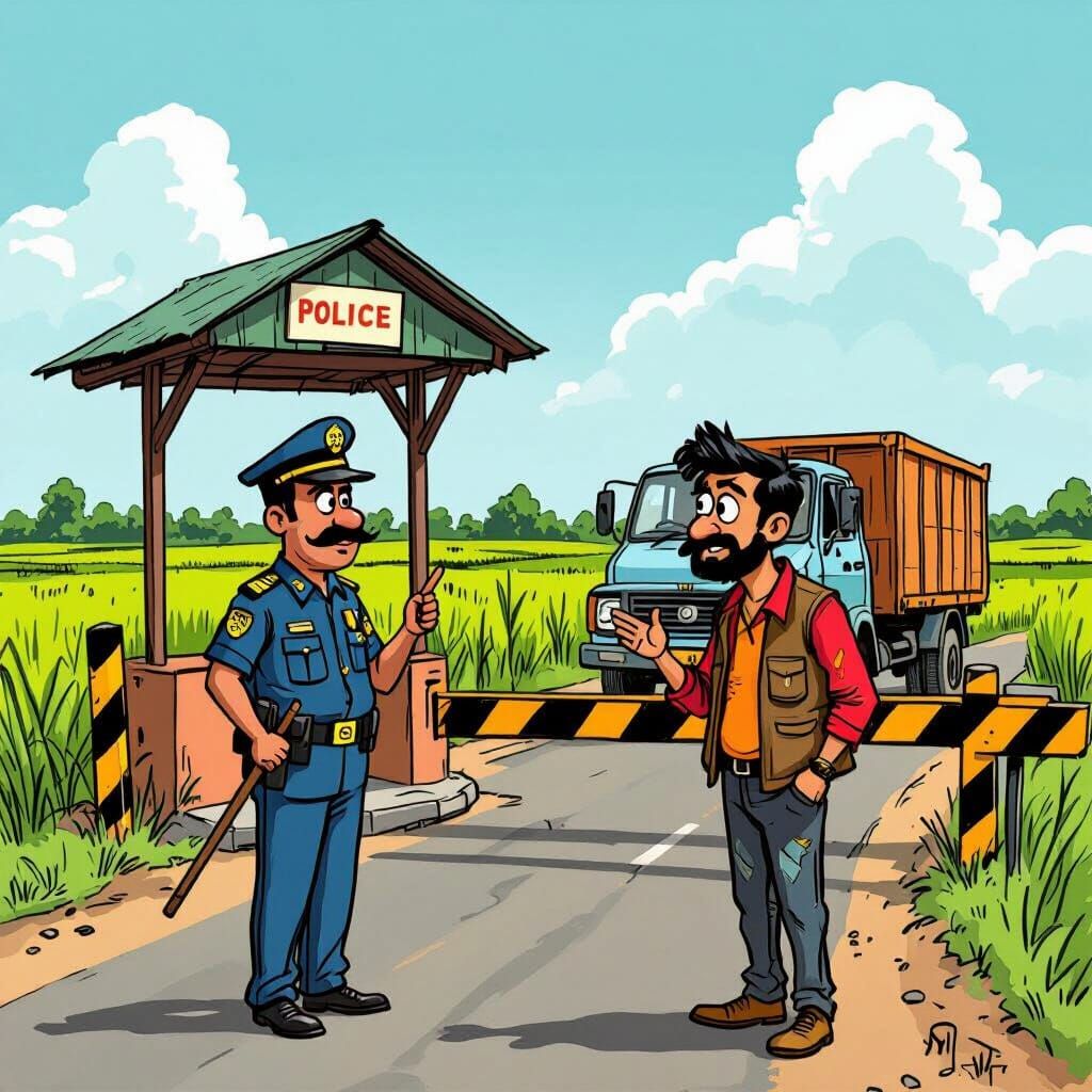 Cartoon Police Checkpoint on Rural Highway