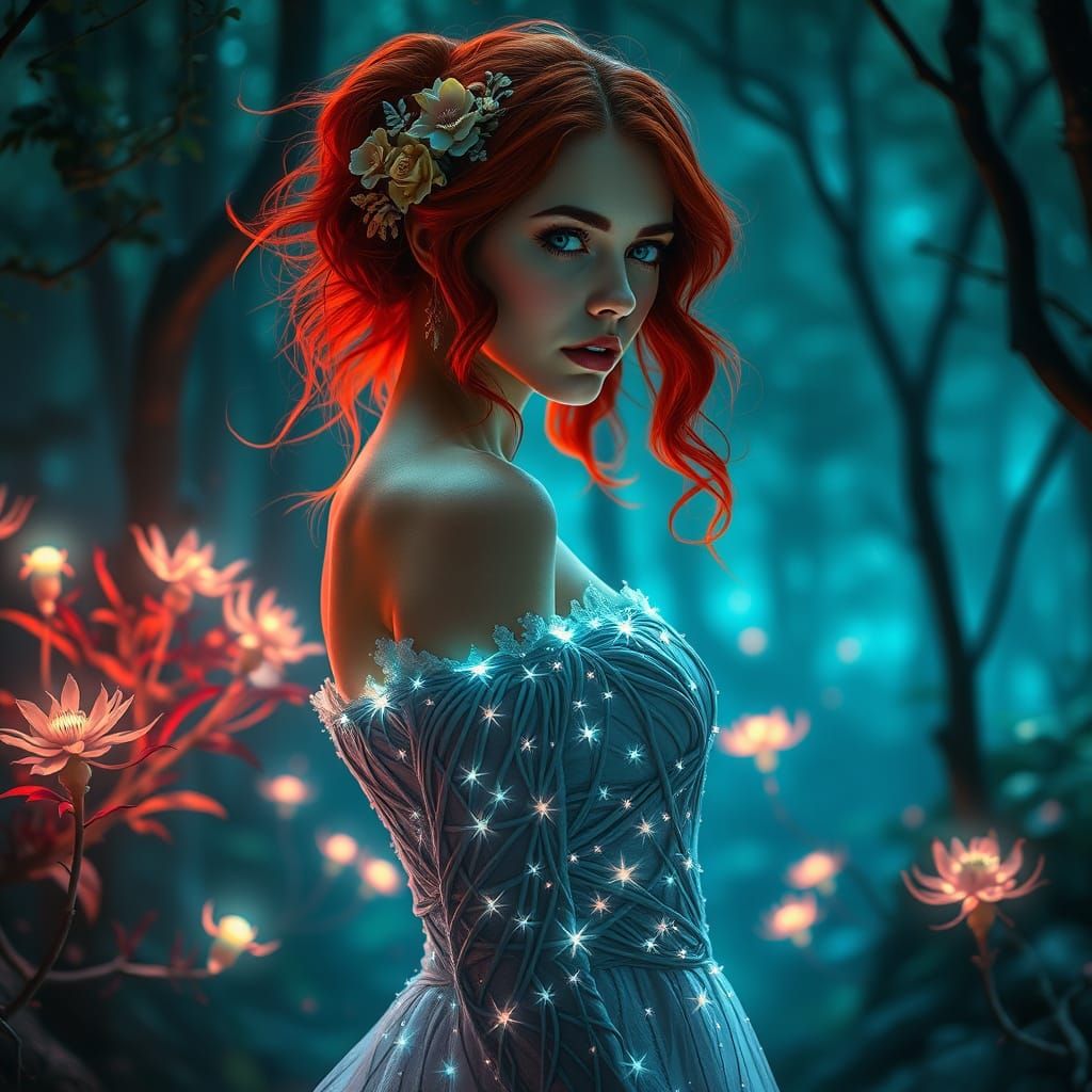 Ethereal Woman in Starlight Gown Amidst Surreal Forest