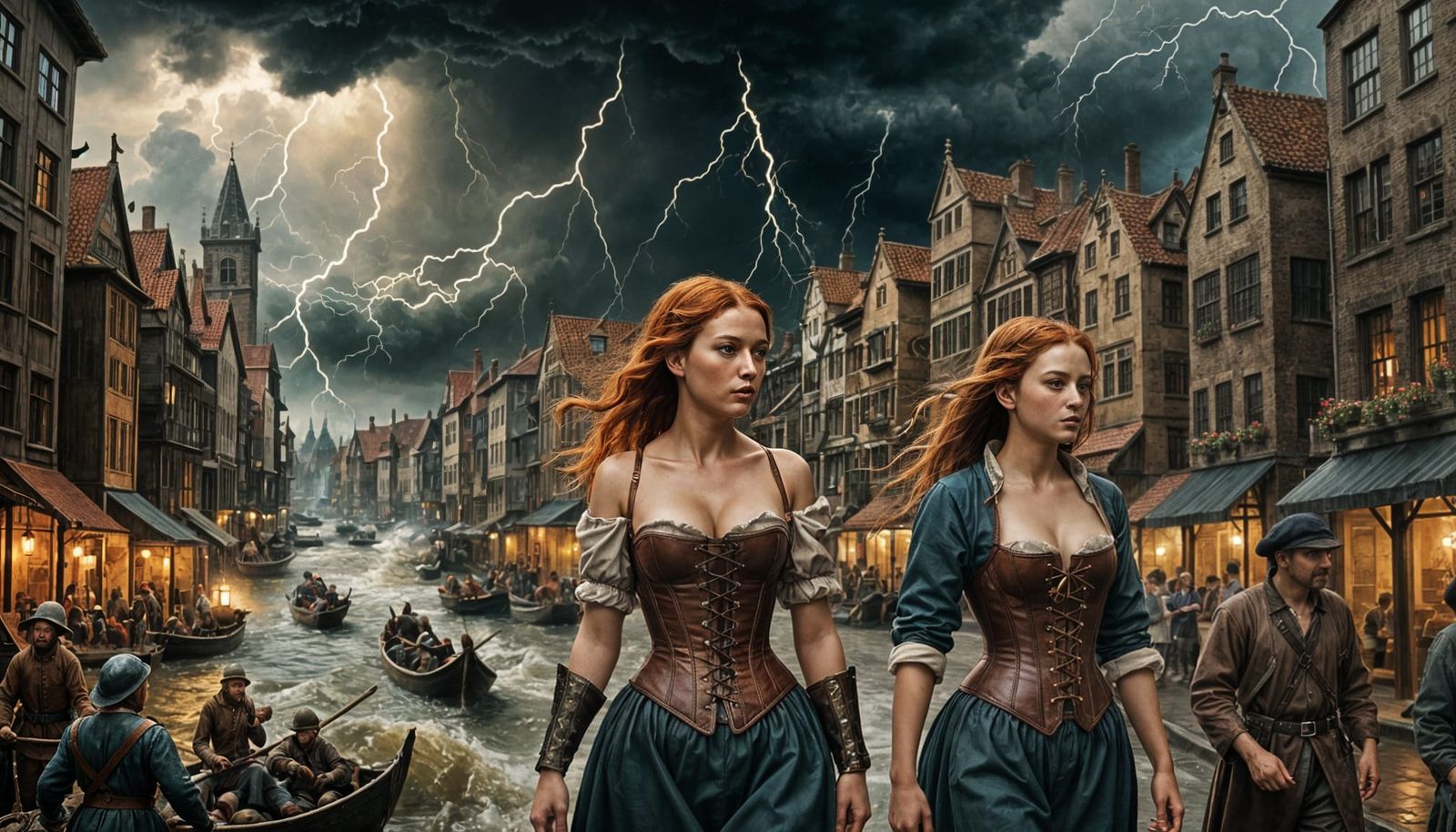 Renaissance Pin-Up in Flood Amidst Cityscape