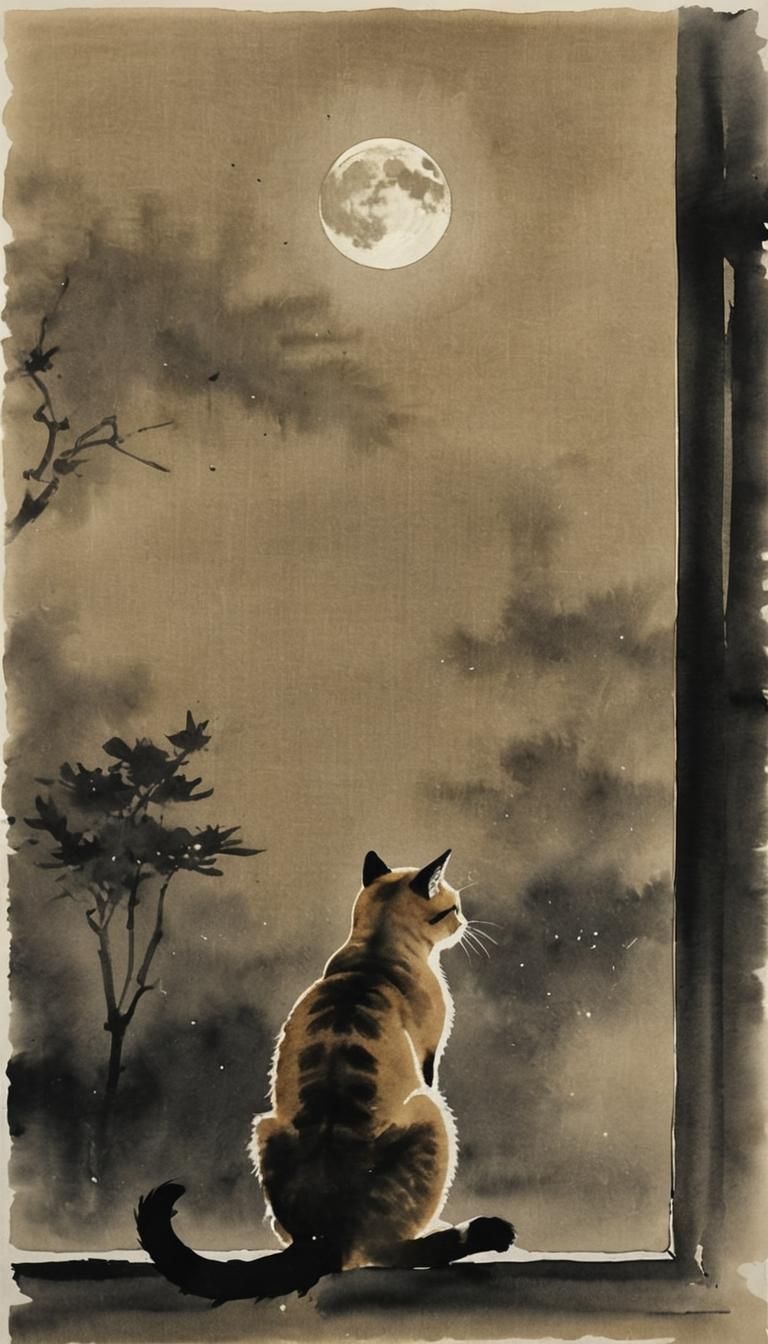 Minimalist Chinese Ink Painting of Cat at Window
