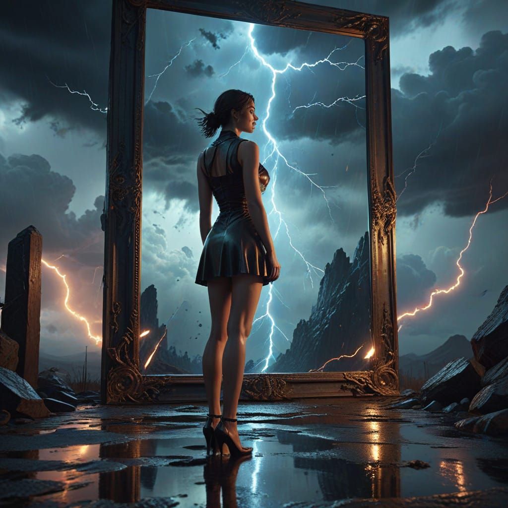 Woman Gazes at Reflection Amidst Lightning Storm