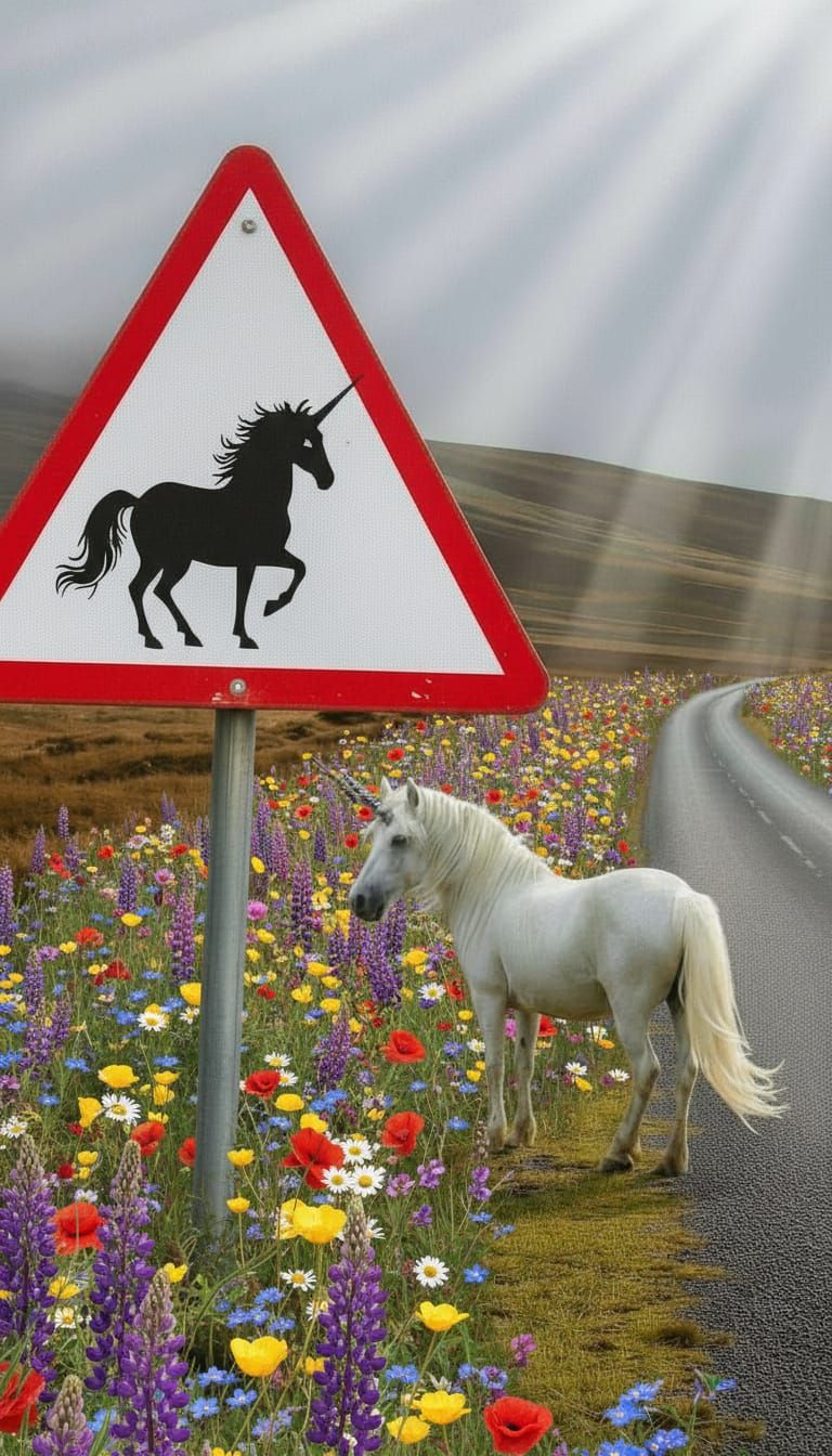 Unicorn Crossing Sign on Moody Scottish Road