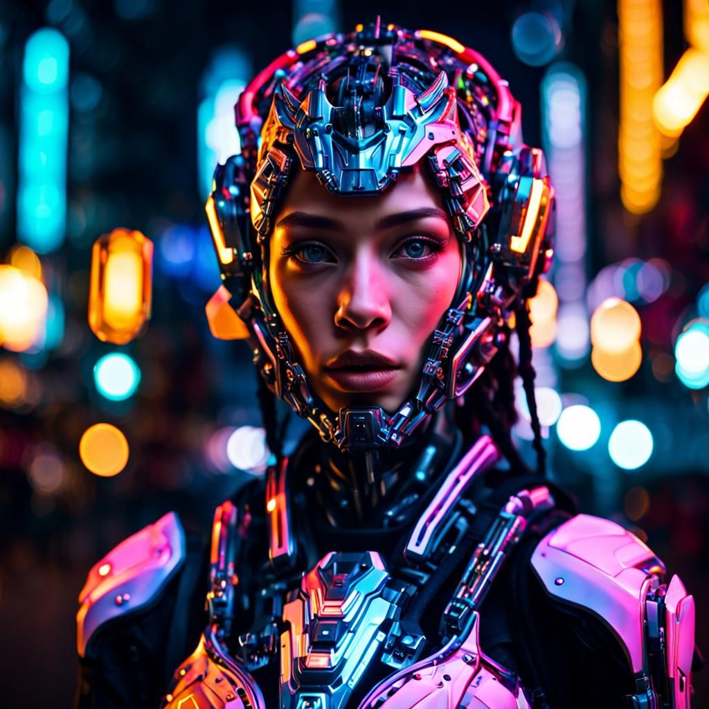 Cyborg Girl Portrait in Neon City at Night