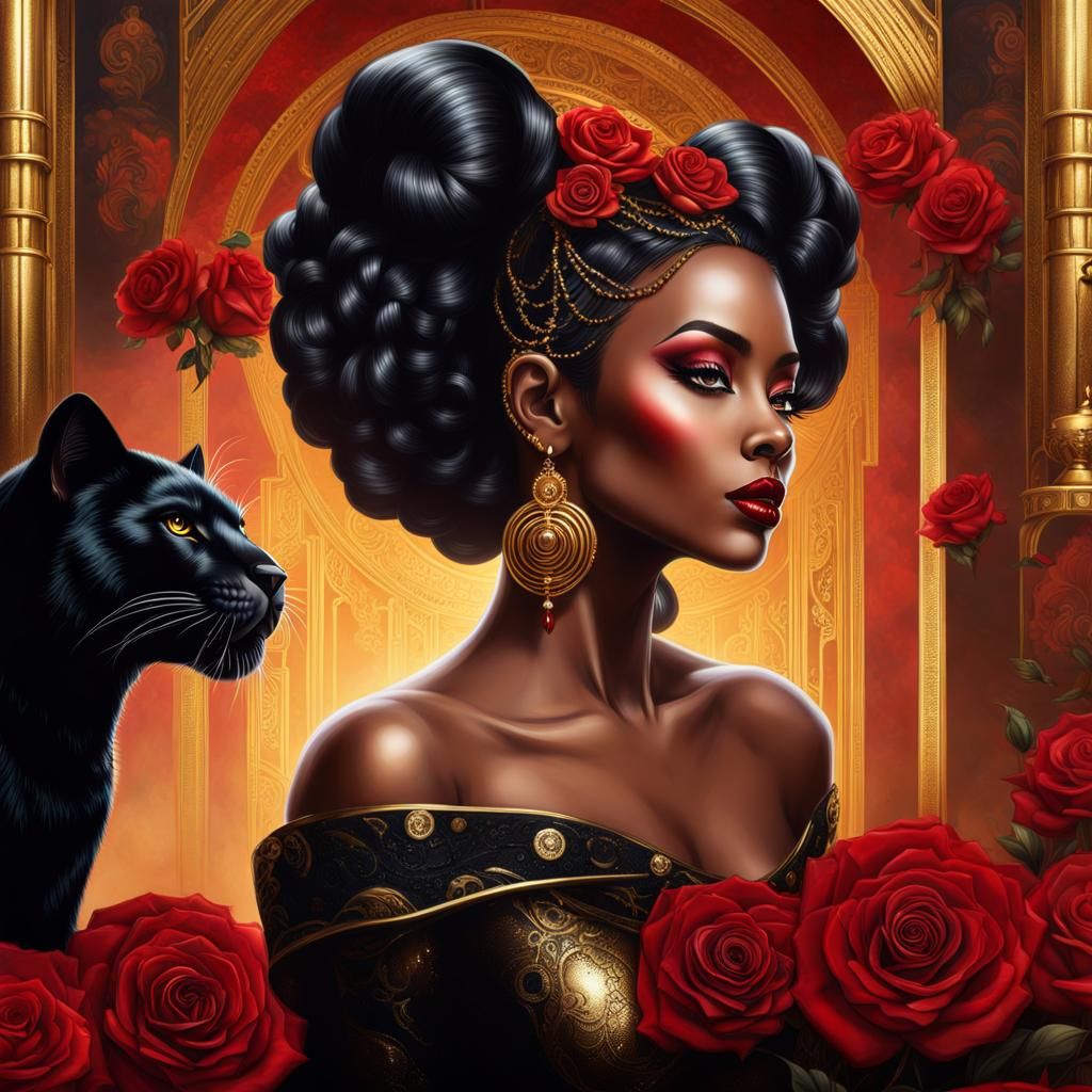 Black Goddess in Glitter Gown with Steampunk Panther
