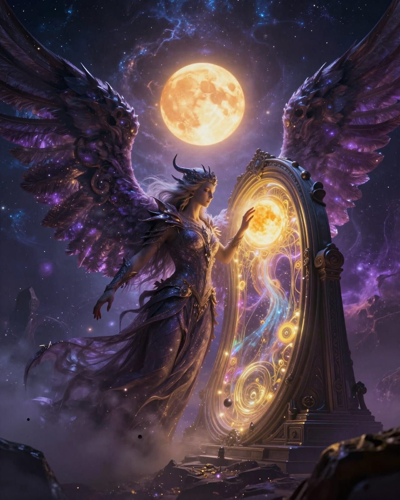 Celestial Being Closing Cosmic Gate in Stardust Wings