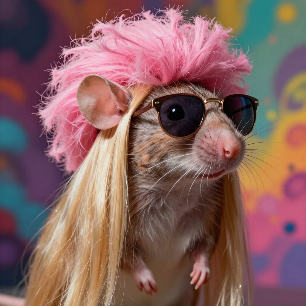 Hyperrealistic Mouse with Pink Afro Wig and Sunglasses