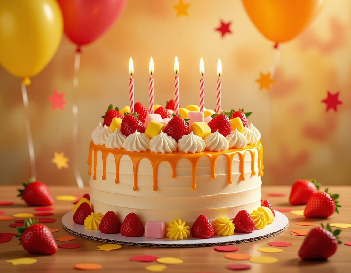 Vibrant Birthday Cake with Marshmallows and Strawberries