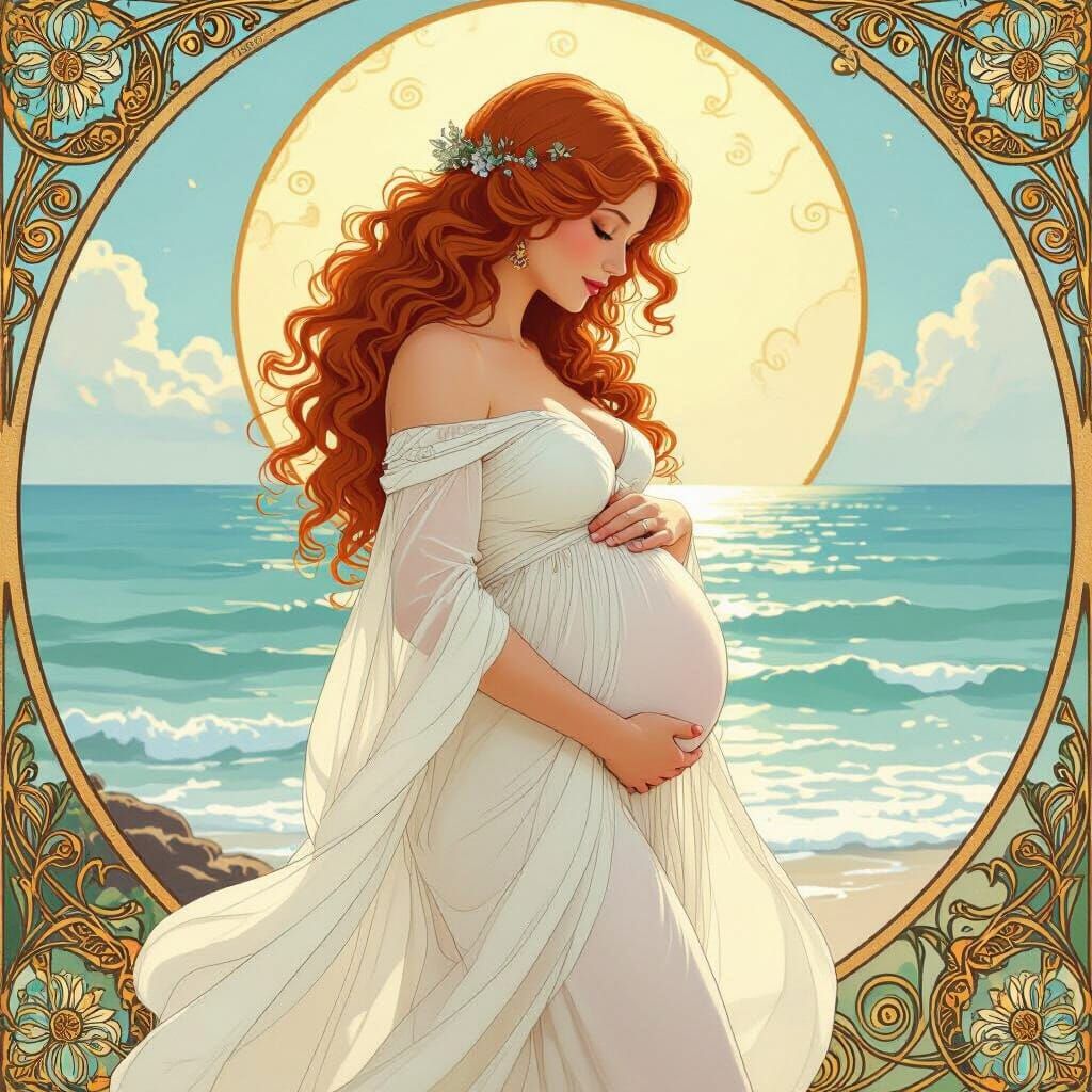 Pregnant Woman by Ocean: Art Nouveau Style
