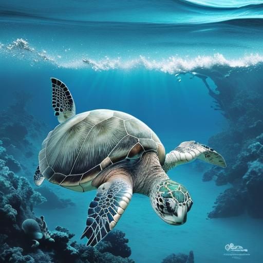 Sea Turtle Swimming with Diver in Bright Ocean