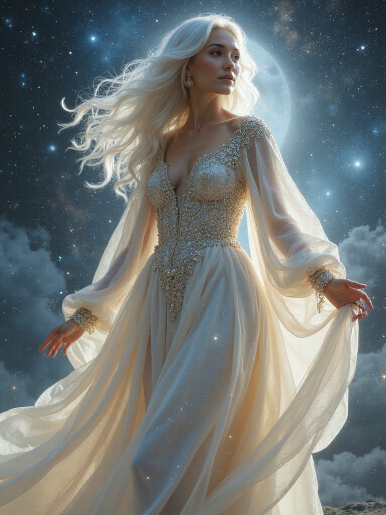 Celestial Goddess in Iridescent Gown Amidst Swirling Starlig...