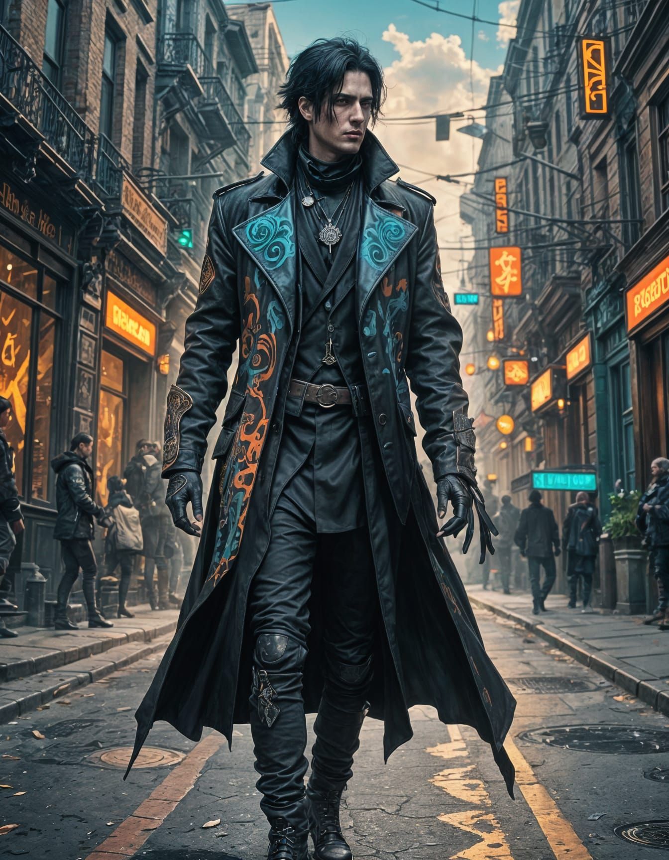 Handsome Goth Man Walking in Street, Concept Art