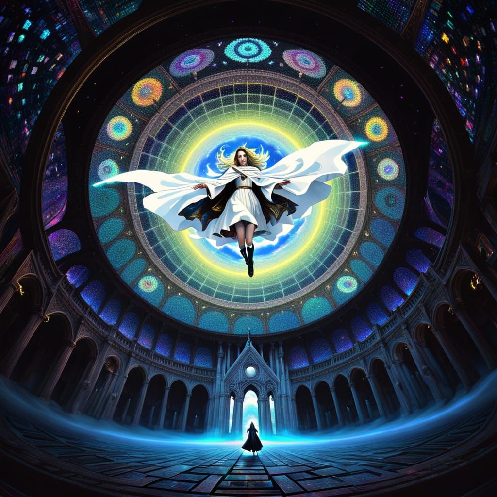 Girl in White Cloak Flies Through Gothic Temple Sky