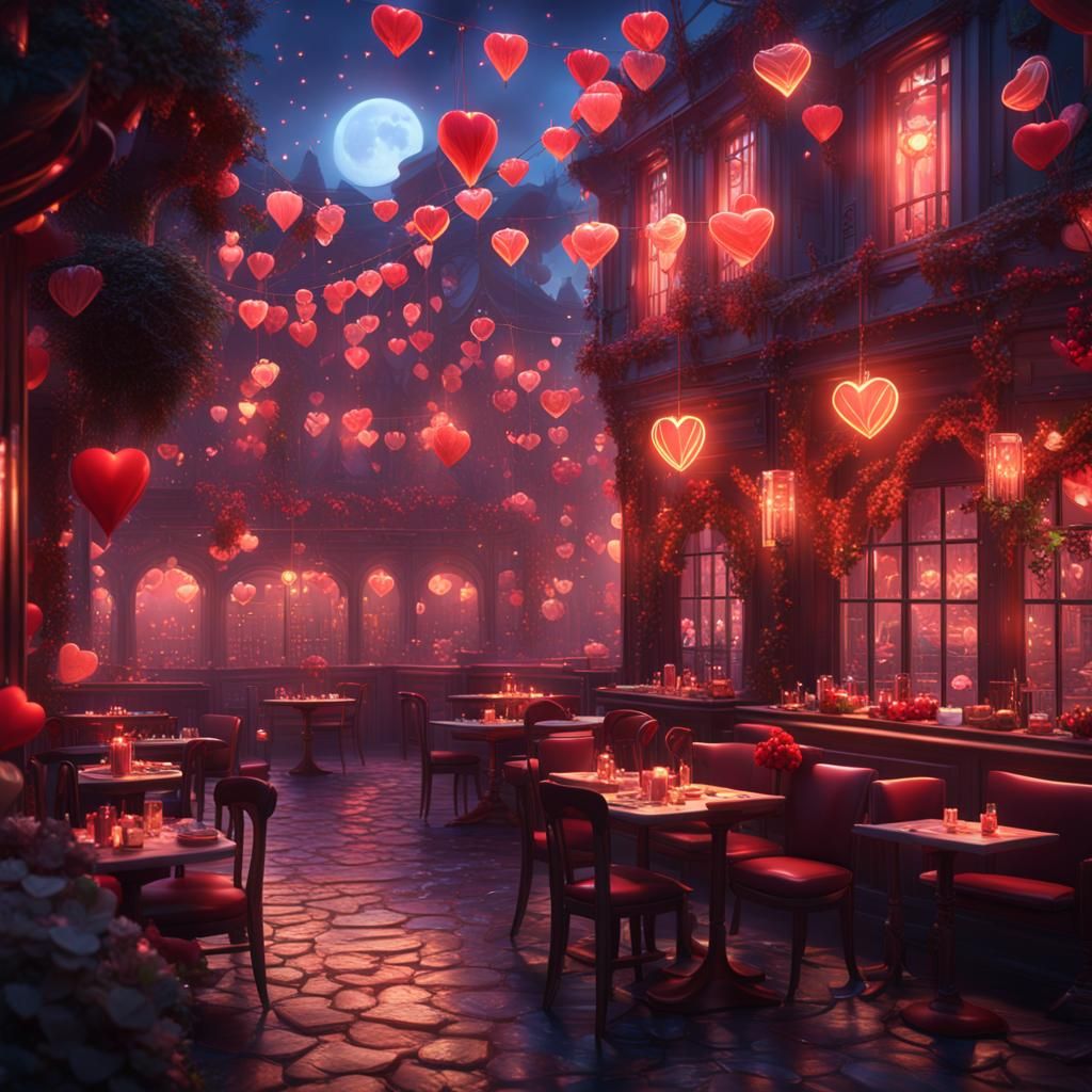 Valentine's Day Cafe at Night: Detailed Matte Painting