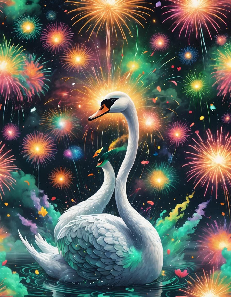 Cosmic Swan with Emerald Hearts: Digital Illustration