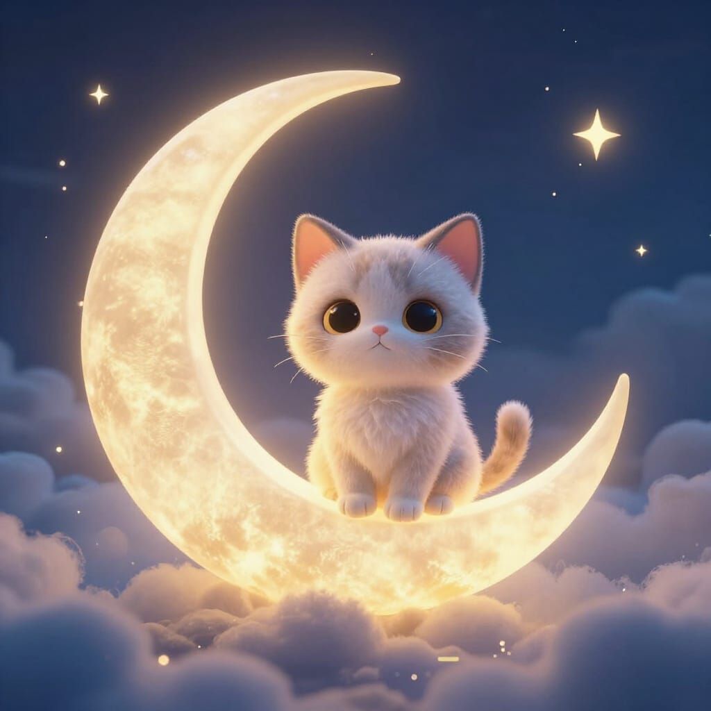 Cute Cat on Glowing Moon with Magical Sparkles