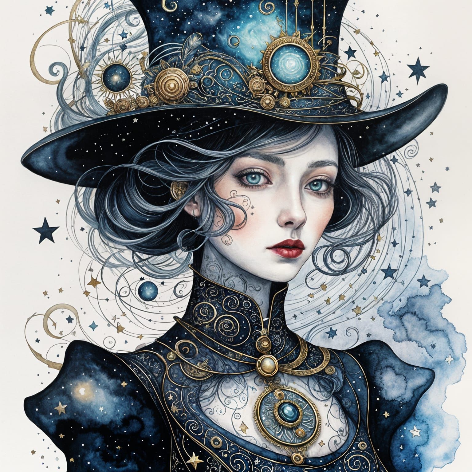 Dreamlike Lady Night in Watercolor and Ink