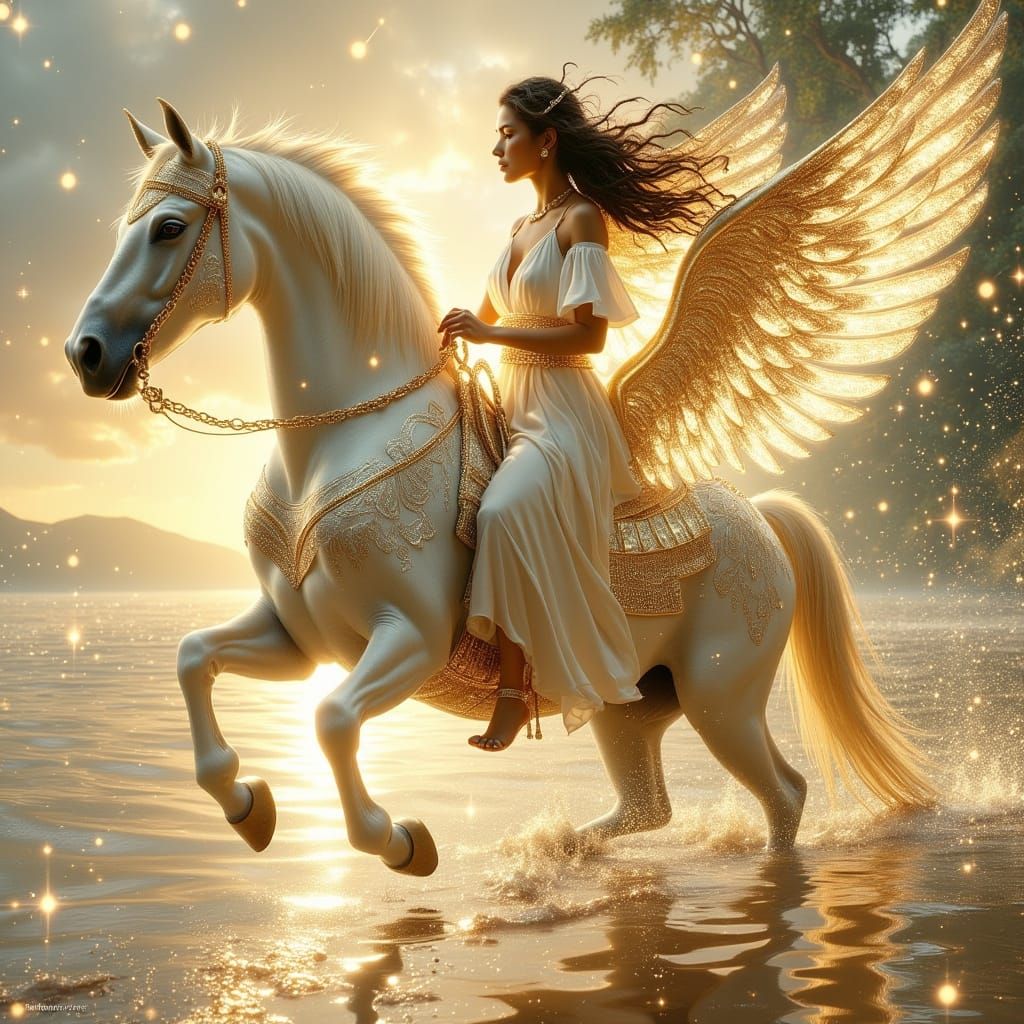 Maori Woman on Pegasus in Art Deco Style