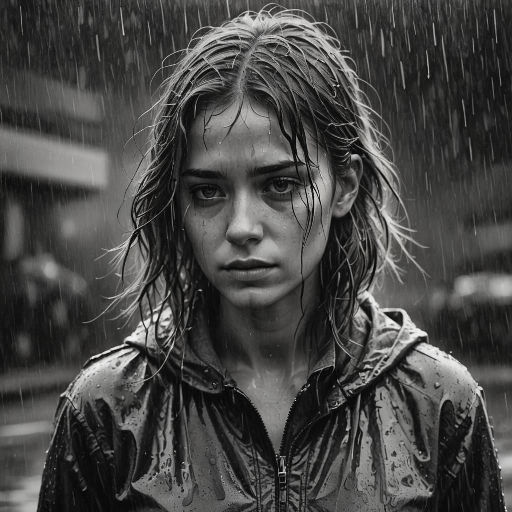 Woman in Rain: Hyperrealistic Charcoal Drawing