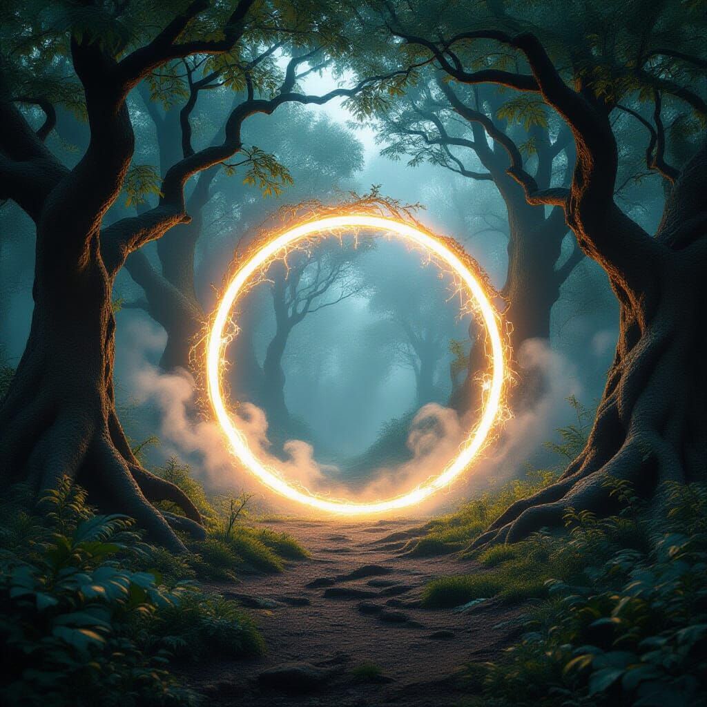 Mystical Portal in Forest Clearing: Hyperrealistic Cinematic