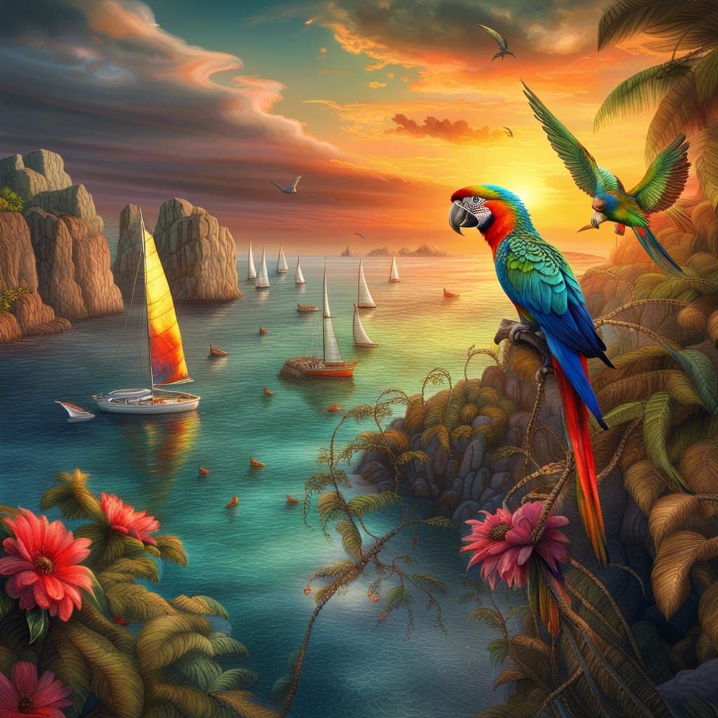 Colorful Coastal Sunset with Parrots: Photorealistic Fantasy...
