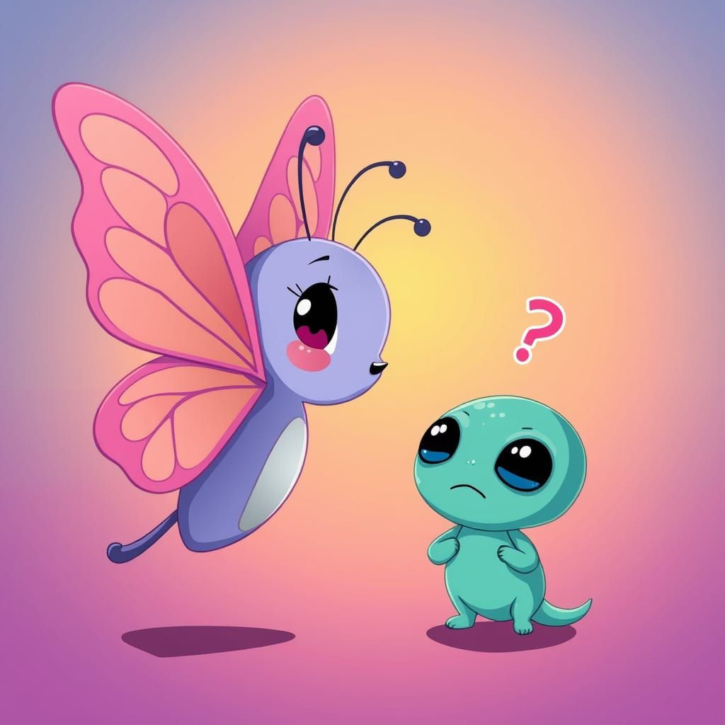 Butterfly and Confused Alien in Manga Style