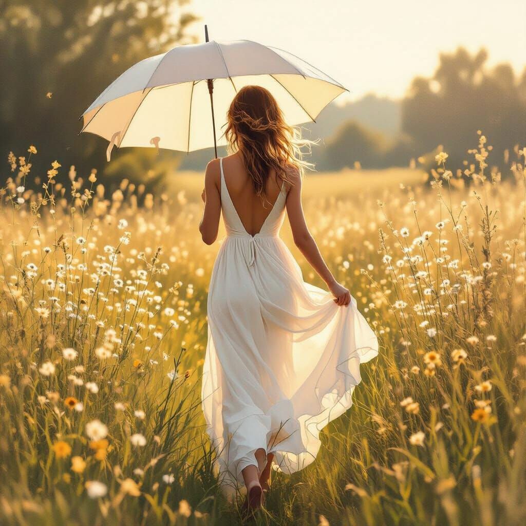 Woman in Flowing White Dress in Sunlit Meadow