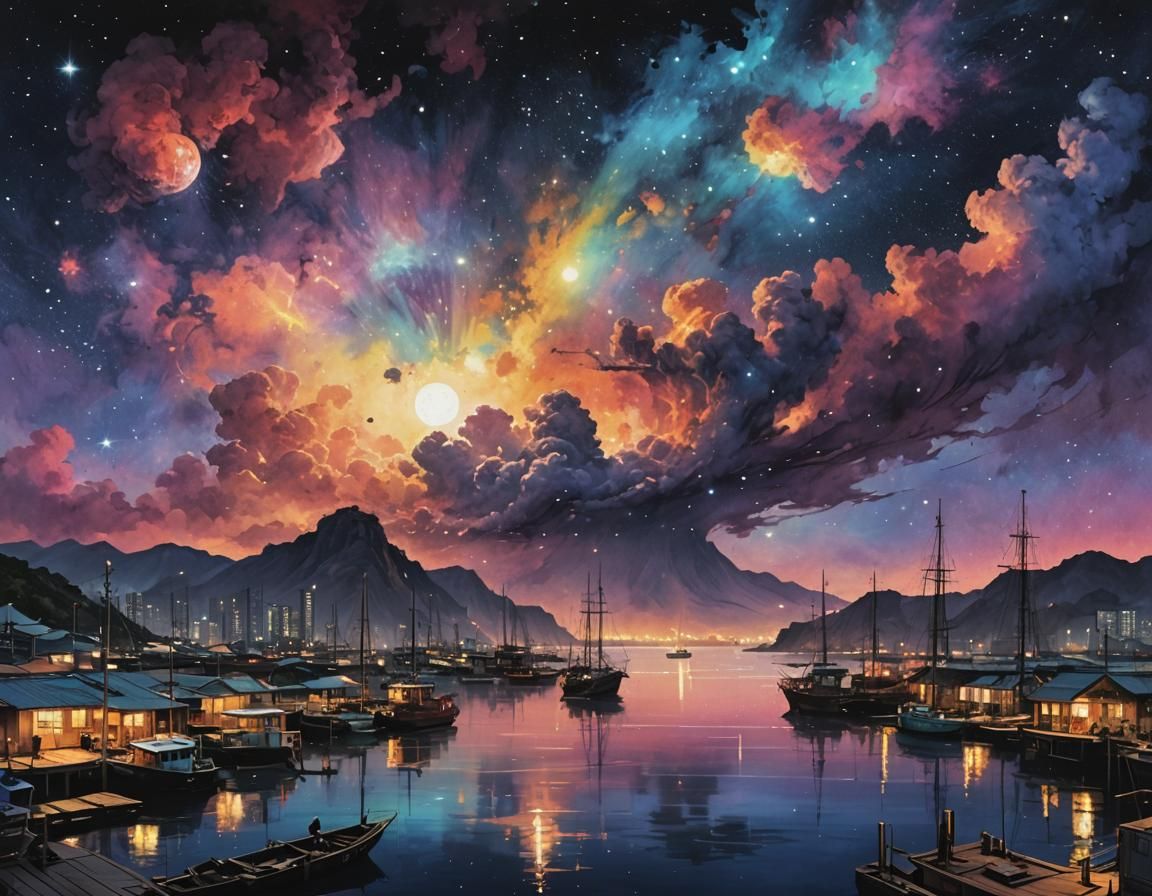Midnight Nebula Harbor: Digital Ink Painting