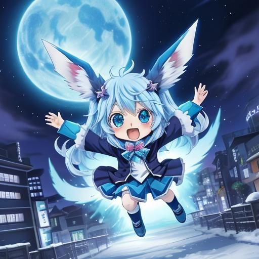 Cute Chibi Glaceon Jumps Happily at Night