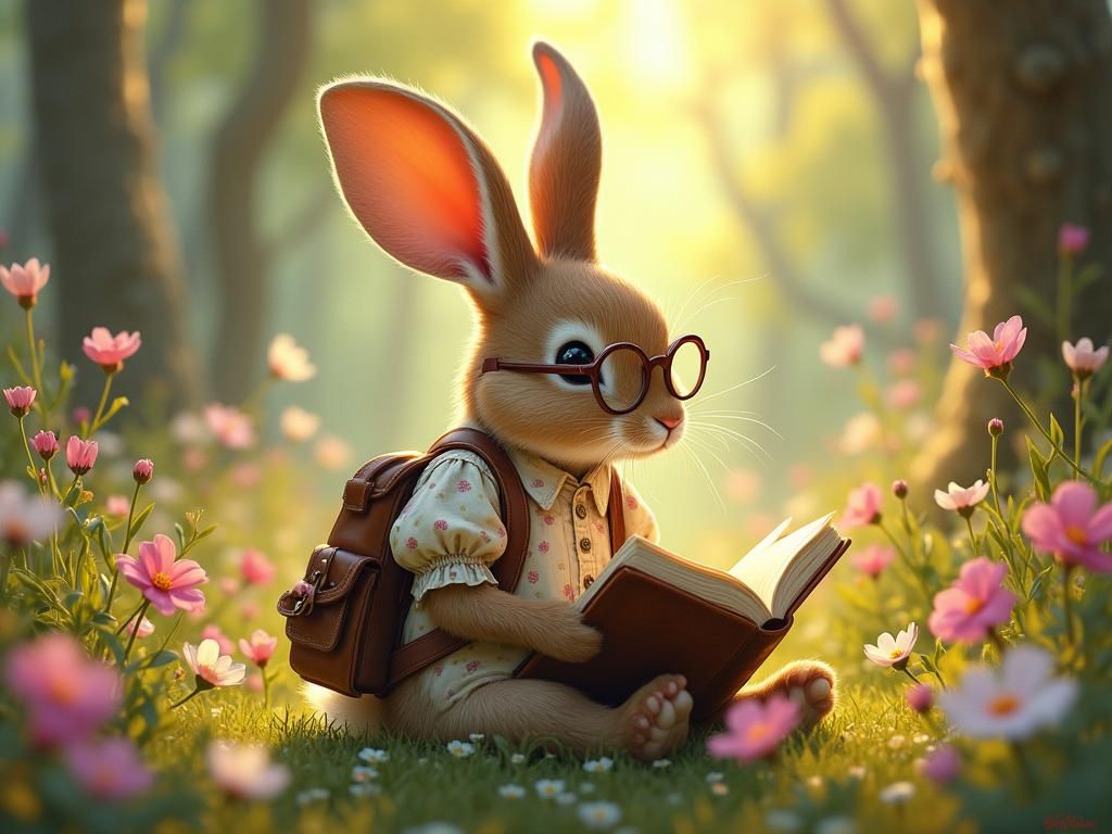 Whimsical Rabbit Reading Book in Sunny Meadow
