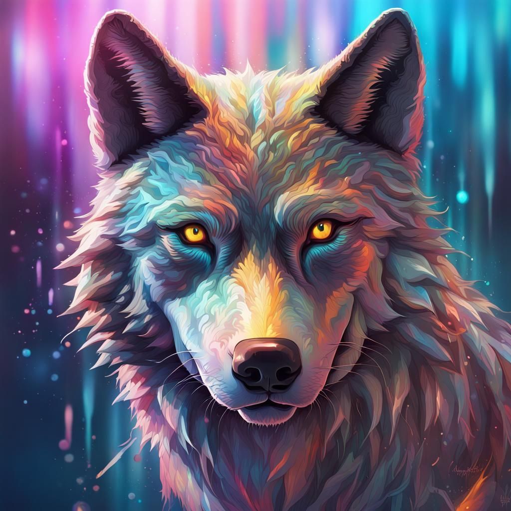 Holographic Wolf in Hyperrealistic Splash Art