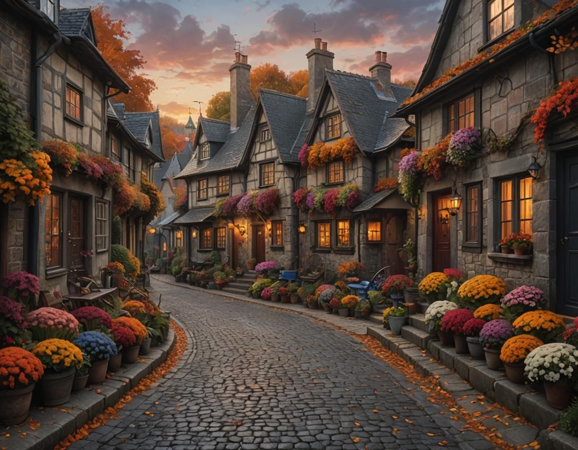 Cobblestone Street at Dusk with Autumn Foliage