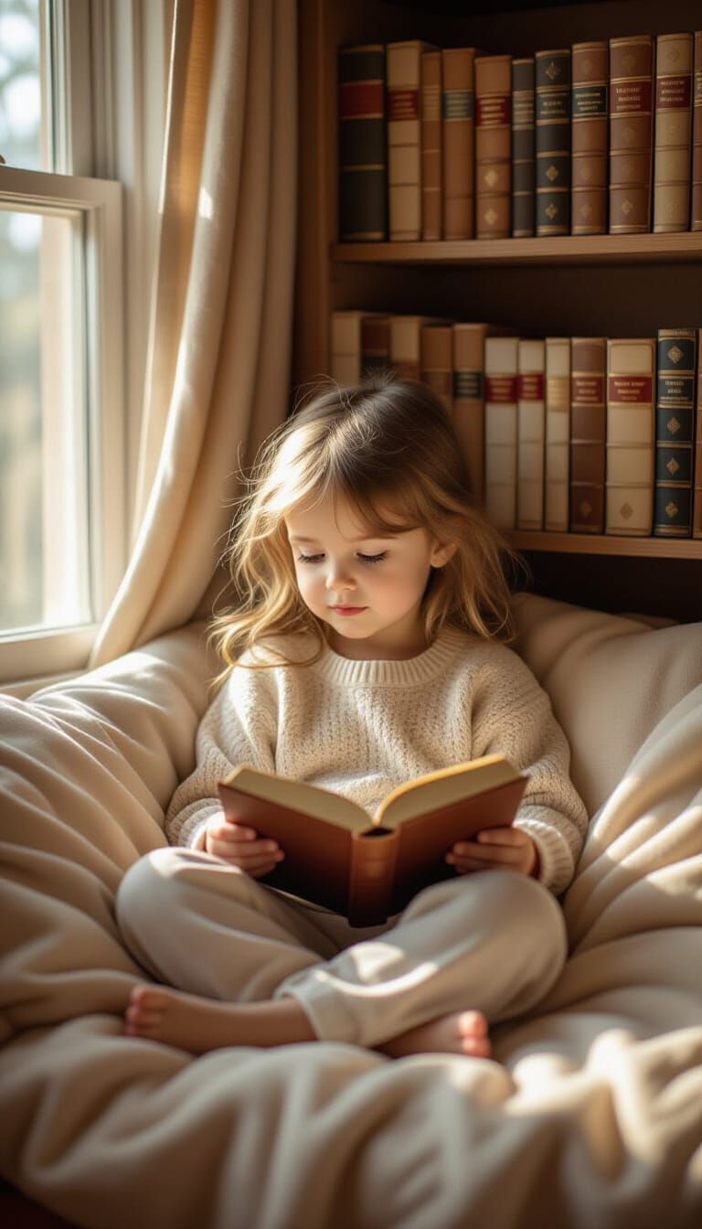 Girl Reading in Cozy Nook: Realistic Photography