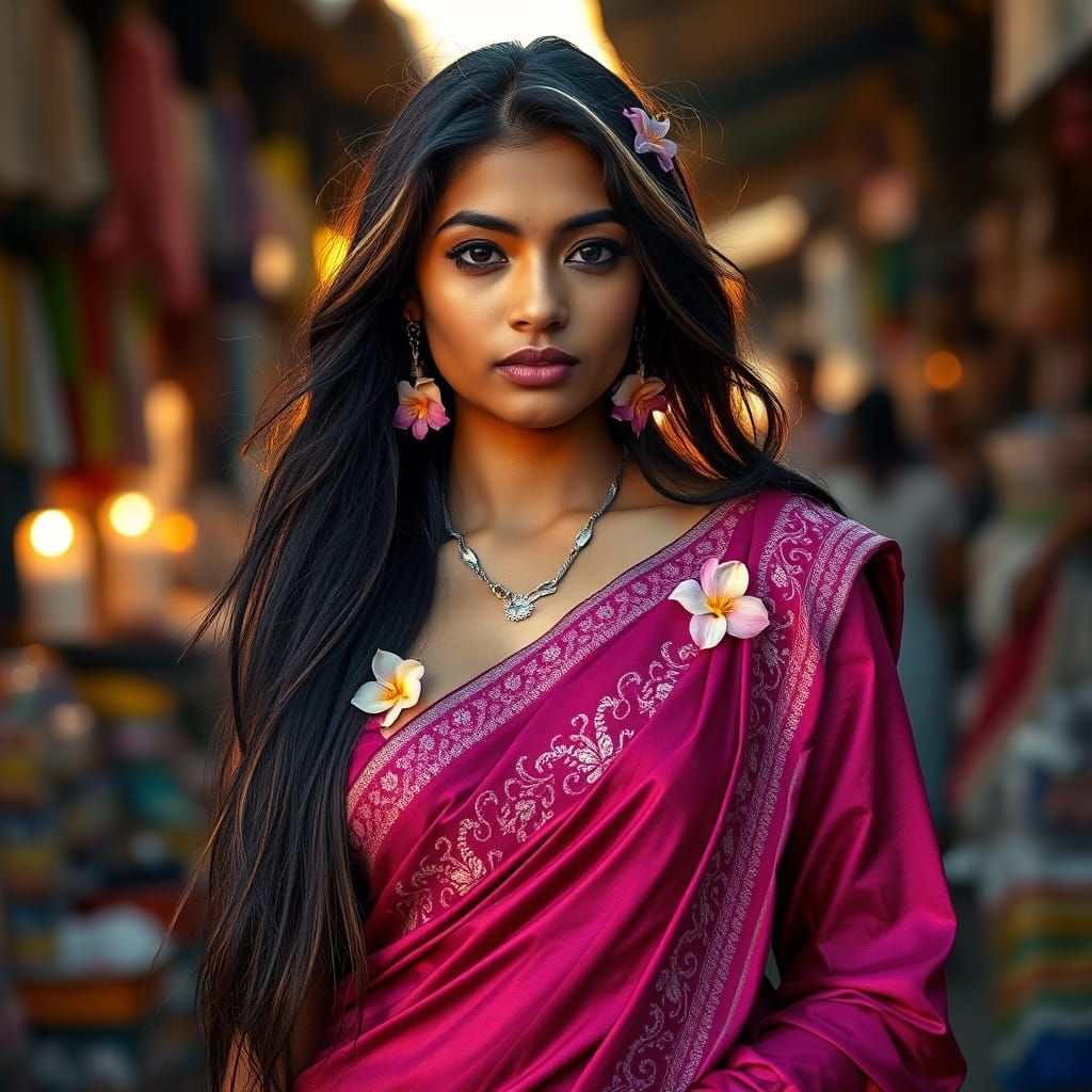 Trinidadian Woman in Silk Sari, Art Nouveau Portrait