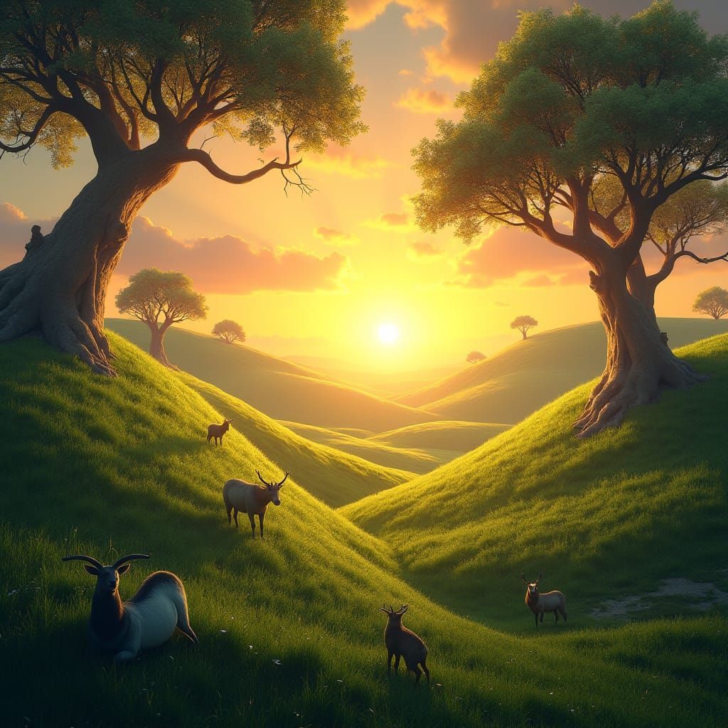 Sunrise Between Emerald Hills, Digital Matte Painting