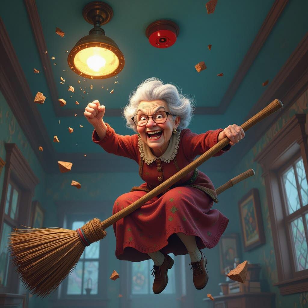 Mischievous Elder Woman Smashes Fire Alarm on Broomstick