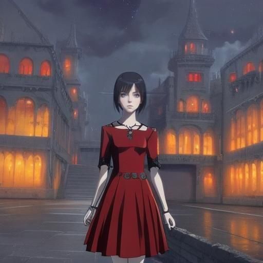 Anime Girl in Red Dress on Spaceship