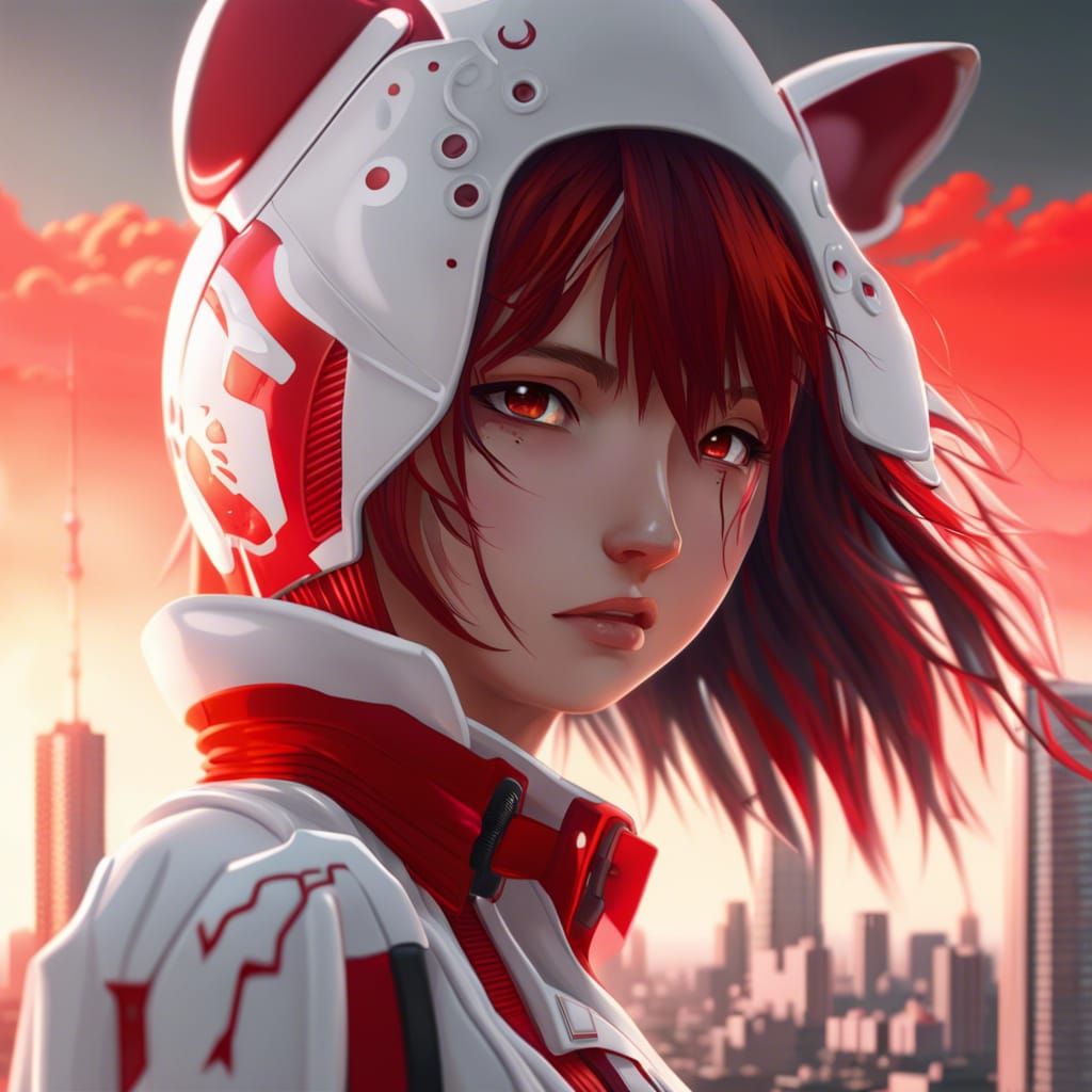 Anime Girl Watches Rising Sun Over Futuristic Tokyo