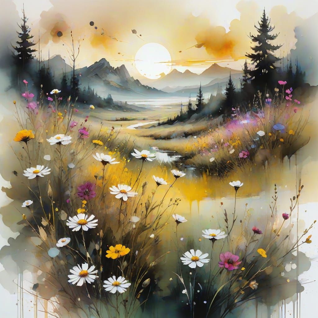 Dreamy Alcohol Ink Meadow in Misty Morning Light