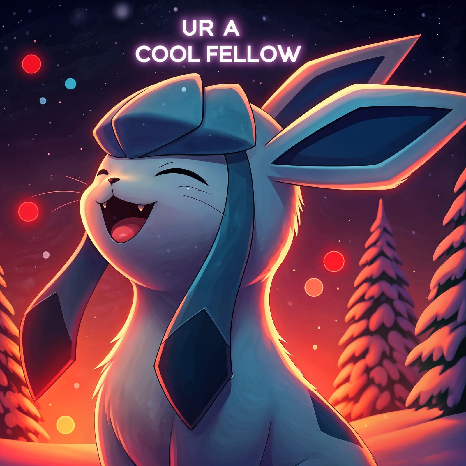 Adorable Chibi Glaceon Laughing in Neon Snowfall
