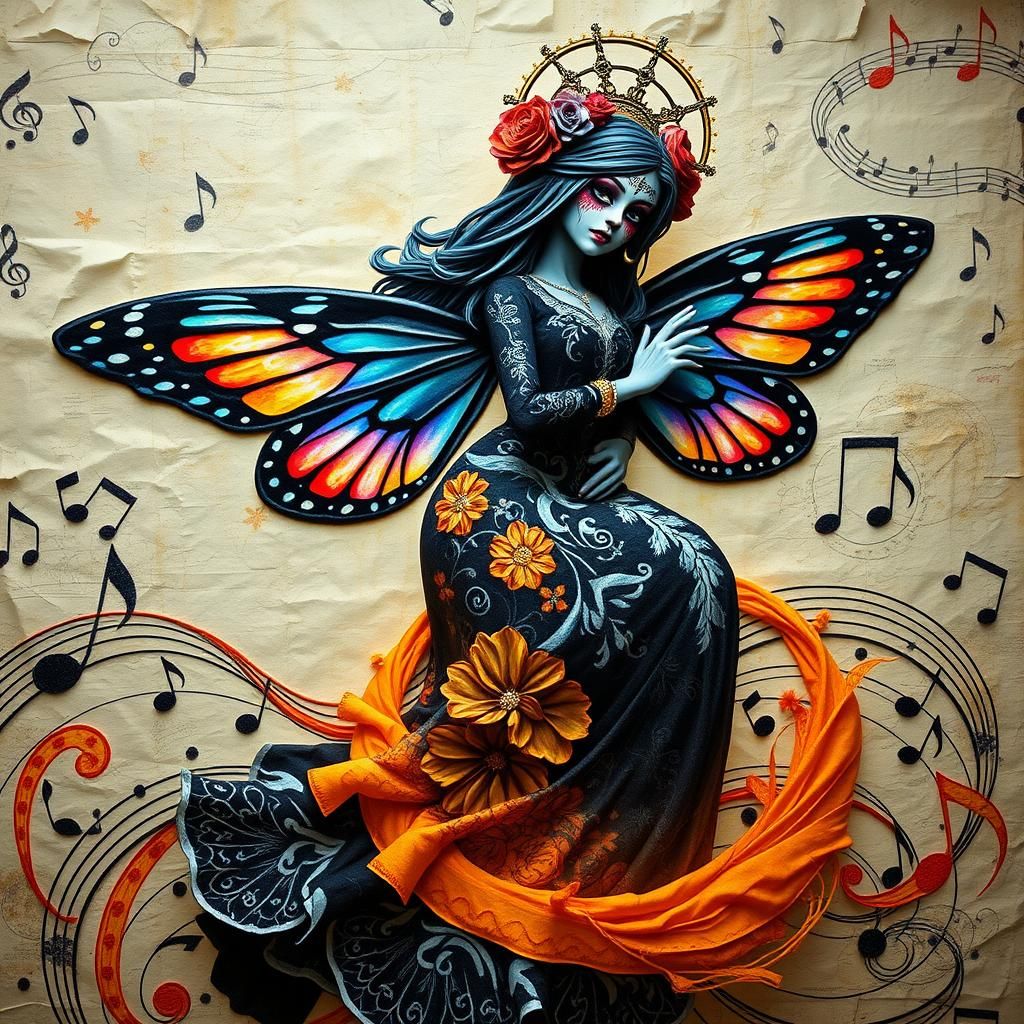Hyper realism  Santa Muerte  Holy Death Angel  surrounded by  Vibrant musical notes , whimsical jazz scene, 8k resolutio...
