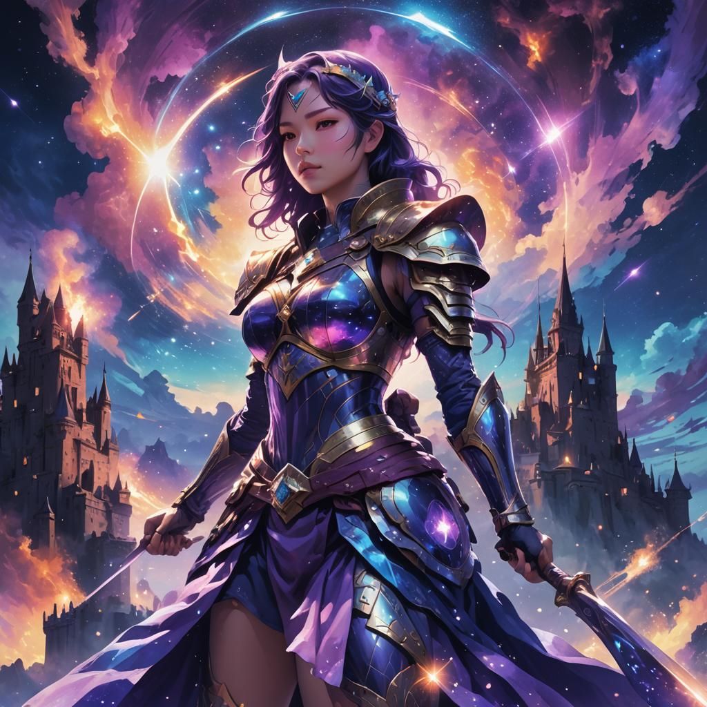 Warrior Girl at Castle Under Nebula Night