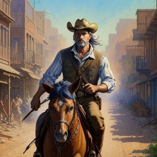 Art Nouveau Cowboy Town in Pointillism Style