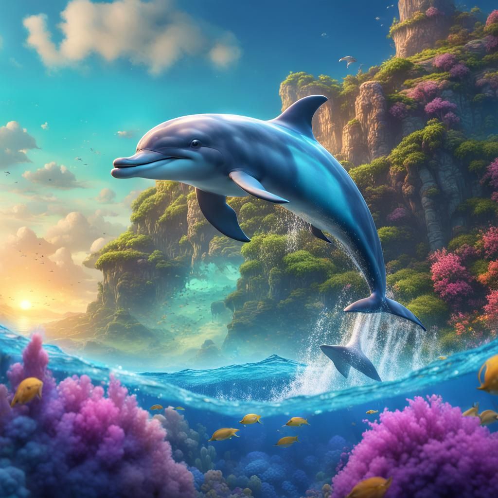 Cute Dolphin in a Vibrant Ocean: Fantasy Concept Art