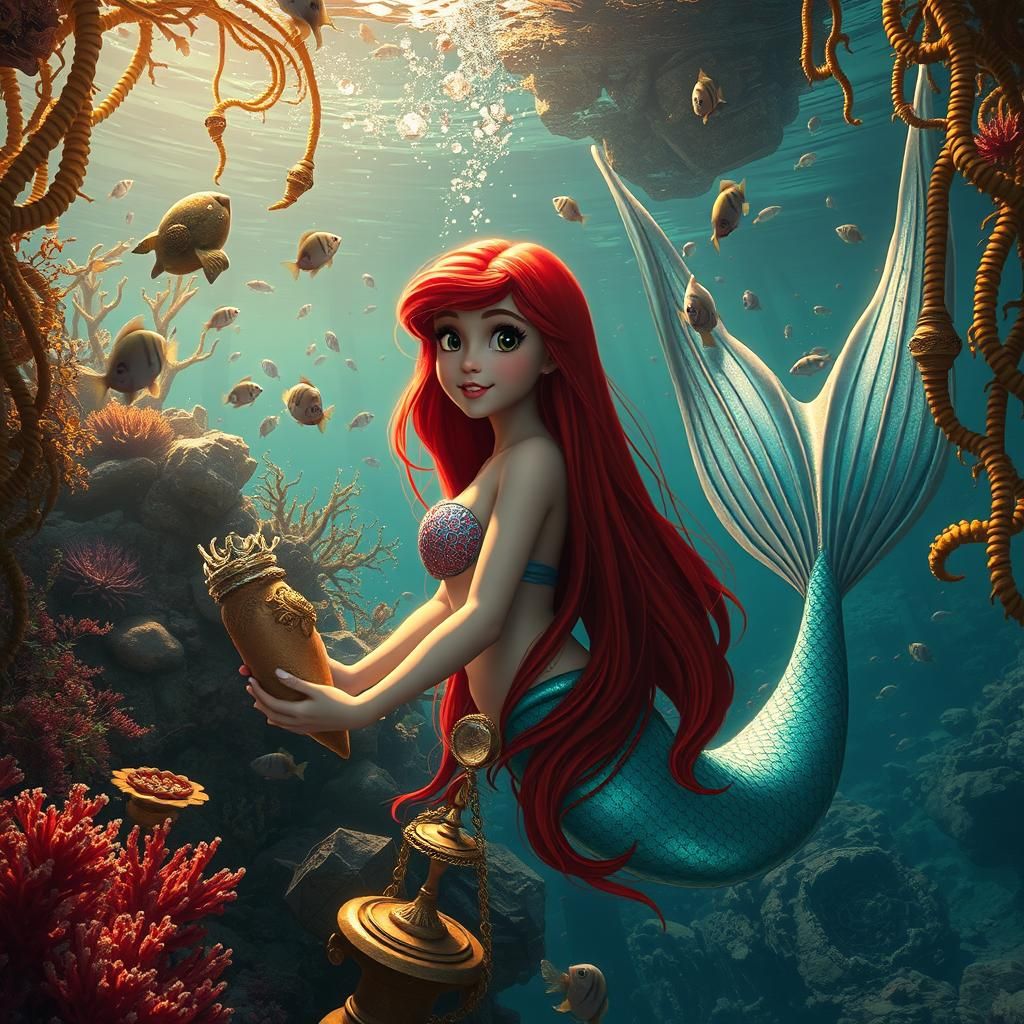 Hyperrealistic Ariel Amidst Underwater Treasures