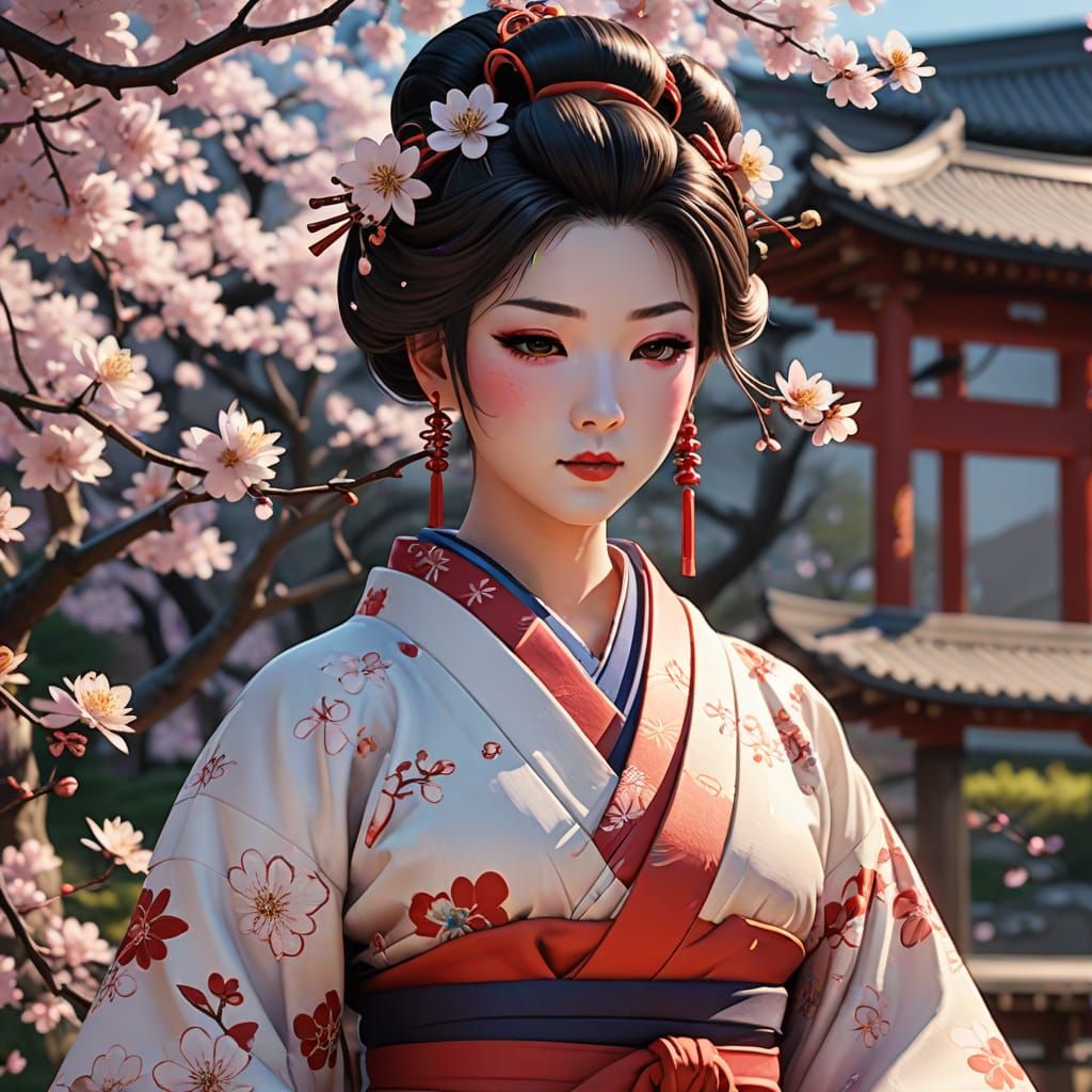 Geisha Composing Haiku in Lush Kyoto Garden