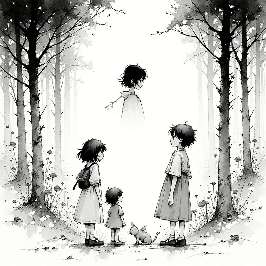 Children and Spirit in Manga Sketch Style