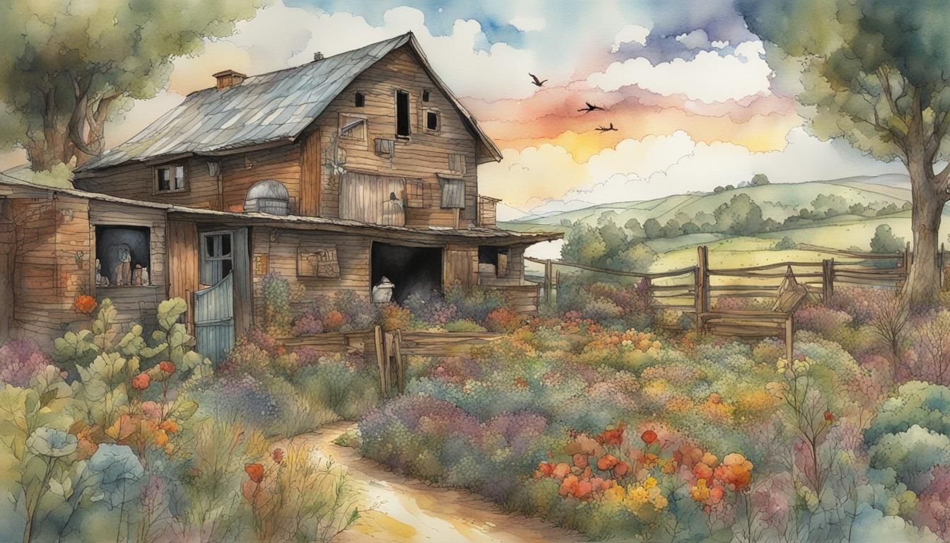 Watercolor Pen and Ink Farm in Gouache Style